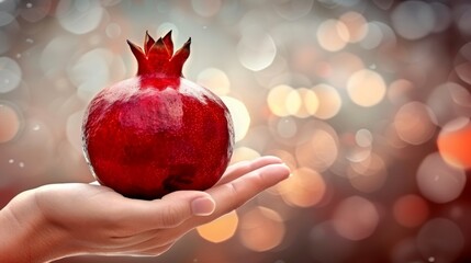 Wall Mural - Ripe pomegranate held in hand, selection of pomegranates on blurred background with copy space