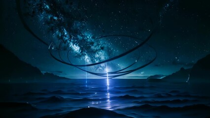 Wall Mural - Video animation of breathtaking night scene, where the sky is adorned with a tapestry of stars. A celestial body