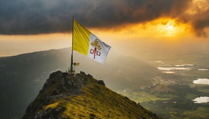 Wall Mural - The Flag of Holy See (Vatican) On The Mountain.