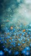Blue background of forget-me-nots, butterflies and bokeh. Vertical orientation