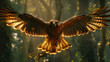 A majestic hawk gliding through a sunlit forest, wings spread wide and illuminated by golden light.