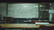 A close-up of a whiteboard in an empty classroom, filled with equations and formulas from a physics lesson.
