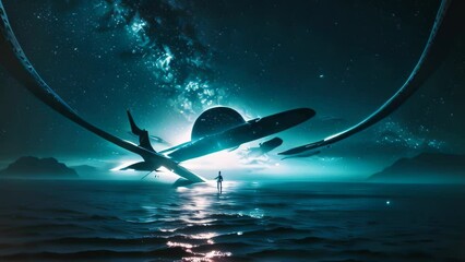 Wall Mural - Video animation of serene yet awe-inspiring scene of cosmic exploration. A vast planet with prominent rings takes center stage in the background