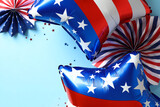 Fototapeta Mapy - US Independence Day 4th of July banner template. Flat lay American balloons and paper fans decorations on blue background.