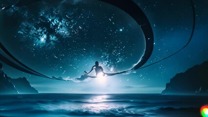 Wall Mural - Video animation of surreal blend of oceanic and cosmic elements. A surfer is poised on a wave that seamlessly transitions into the starry expanse of space.
