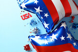 Fototapeta Mapy - USA Independence Day 4th of July banner template. Flat lay American balloons and party streamers on blue background.