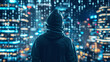 Person in a hoodie looking at city lights, symbolizing urban anonymity
