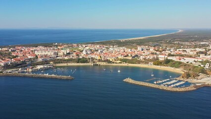 Wall Mural - Aerial panorama of the city of Sines, Setubal Alentejo Portugal Europe. Aerial view of old town fishing port, historic center and castle. 