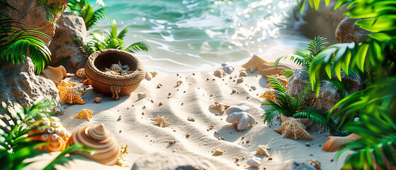 Wall Mural - Sandy Beach with Starfish and Seashells, Emphasizing Relaxation and Tropical Beauty