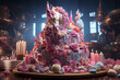 A creative birthday cake for a girl in the style of a Unicorn in a fairy-tale world. Stunning pink and blue cake with a unicorn head made of mastic with sweets and marshmallows