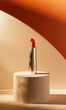 A single red lipstick is showcased on a cylindrical pedestal against an abstract beige and orange background