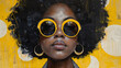 Portrait of a woman with striking yellow sunglasses and large earrings against a vibrant yellow and black abstract background.