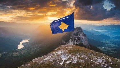 Wall Mural - The Flag of Kosovo On The Mountain.
