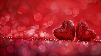 Wall Mural - Red hearts on the background of red glitter. Romantic moment, Love theme style.