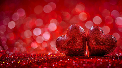 Wall Mural - Red hearts on the background of red glitter. Romantic moment, Love theme style.