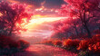 A vibrant digital artwork depicting a scenic path lined with glowing pink cherry blossom trees at sunset, with mountains in the background.