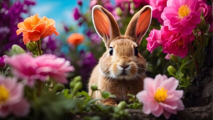 Wall Mural - A curious rabbit peeking out from behind a vibrant spring flower