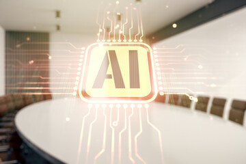 Wall Mural - abstract virtual artificial intelligence symbol hologram on a modern conference room background. mul