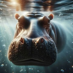 Poster - 
image of powerful hippopotamus swimming submerged 2