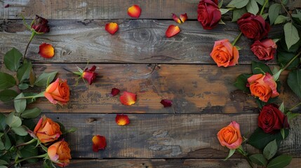 Poster - Red and orange roses on a rustic wooden background