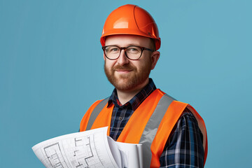 Confident Construction Engineer with Blueprints and Safety Gear Over Blue Background.