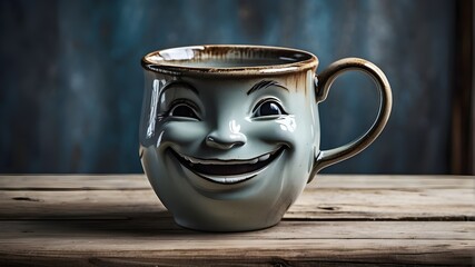 The contrast of the smooth, glossy surface of a smiling mug against the rough, weathered texture of a rustic table, creating a visually stunning and intriguing image.