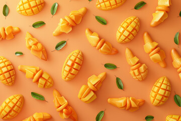 Wall Mural - Fresh ripe juicy mangoes arranged beautifully on a vibrant orange background, captured from a top view perspective