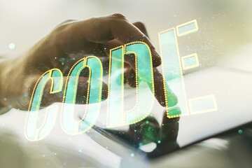 Wall Mural - creative code word hologram and finger clicks on a digital tablet on background, artificial intellig