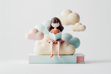 Wall Mural - 3D illustration of a cute girl sitting on a book with clouds, reading a storybook against a white background