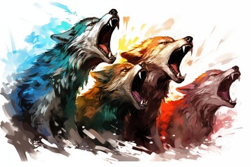 Wall Mural - Abstract Colorful Illustration of a Pack of Howling Fenris Wolfes on a White Background