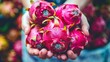 Dragon fruit selection  hand holding vibrant dragon fruit with blurred background for text placement