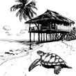 © AngArt - Sea turtle and hut on stilts near ocean. Landscape with beach. Black and white outline. Vector illustration.