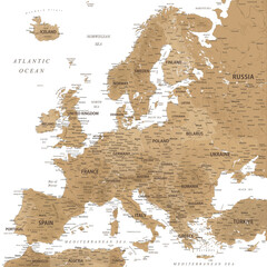 Canvas Print - Europe - Highly Detailed Vector Map of the Europe. Ideally for the Print Posters. Golden Brown Beige Retro Colors