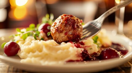 Wall Mural - A dynamic shot capturing a fork diving into a white plate topped with creamy mashed potatoes and savory meatballs