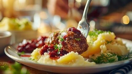 Wall Mural - A fork diving into a plate of mashed potatoes and meatballs with cranberry sauce