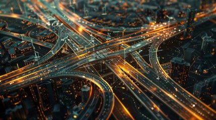 Wall Mural - An aerial view captures the bustling city at night, showcasing the intricate road network, highways intersecting, and vibrant city lights
