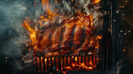 Sticker - A large piece of meat, pork belly, sizzling on a grill with flames dancing beneath it
