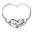 Wedding rings in a flower heart frame, monochrome illustration, line art