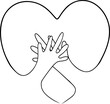 Continuous line drawing of two hand holding hugging heart. Vector illustration
