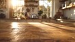 © Postproduction - Sunlit modern kitchen interior with focus on wooden worktop and floor, implying cozy domestic life. Modern home design and architecture.
