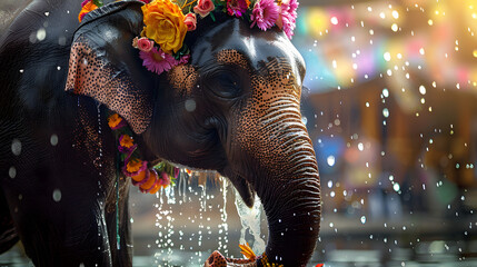 Decorated elephant with garland in Songkran festival at Thailand