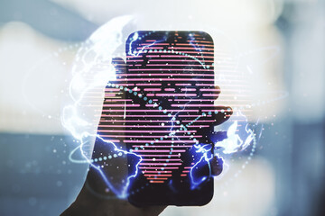 Wall Mural - double exposure of abstract digital world map with connections and hand with cellphone on background