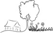 Countryside landscape in continuous line art drawing style. House and trees with grass flower. Vector illustration