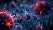 Close-up on vibrant virus structures within a sea of data, a 4k representation of infectious agents in the digital age