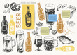 Vector beer illustration set. Beer bottles, glass, mug, snacks, hand holding beer bottle.