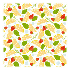 Wall Mural - Seamless pattern of lemon slices and sweet strawberries with ice cubes and mint leaves. Isolated on white background. Summer time. Pattern for fabric, paper, textiles and much more. Vector