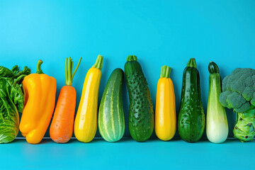Wall Mural - Assorted fresh vegetables in a row on blue background including cucumbers, zucchini, broccoli, and more