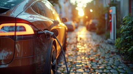 Wall Mural - Alternative energy concept.Close up of the Hybrid car electric charger station with power supply plugged into an electric car being charged