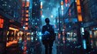 Man wearing suit walking on the city street with bokeh abstract light in the background between skyscrapers