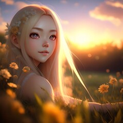 Blonde Asian Girl Portrait Posing on The Flowers Meadow during Sunset with Clear Sky Illustration